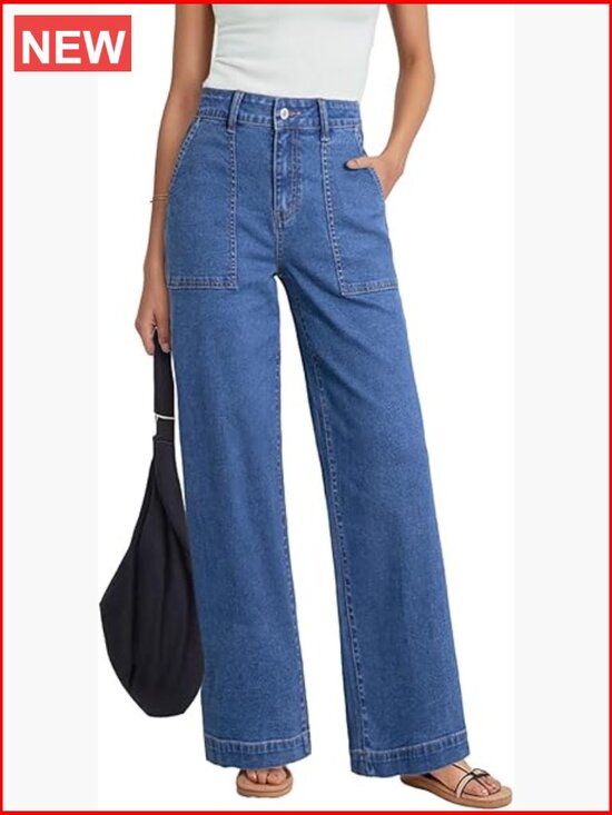 Denim - High Waisted Stretch Loose Fit Colorblock Denim Pants with Pocket